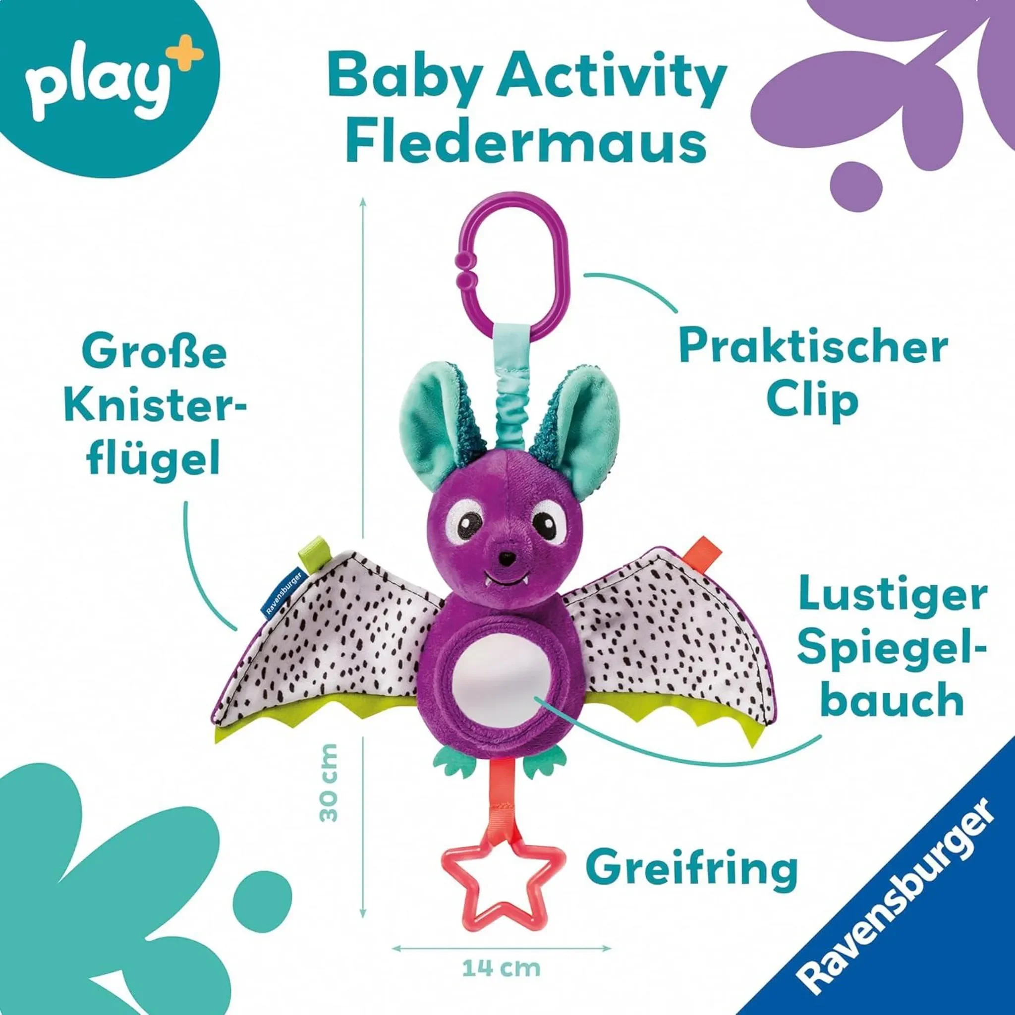 Baby Activity-Fledermaus – Kuschelspielzeug mit Spielelementen